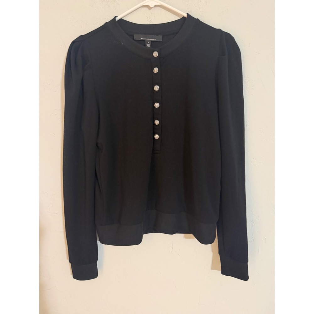 White House‎ Black Market Black Rhinestone Button Puff Sleeve Henley Top Small